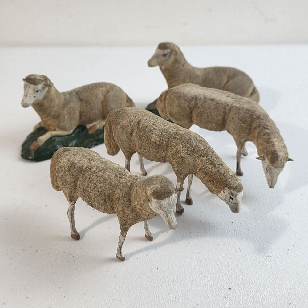 Antique German Putz Christmas Nativity Stick Leg Composition Sheep Herd Of 5 Vtg